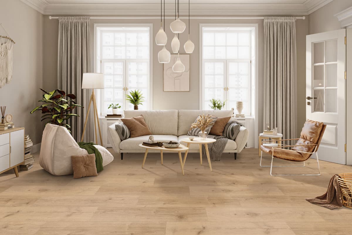 Pura_Kollektionsbild Beiges Wohnzimmer mit Classen_Laminatboden