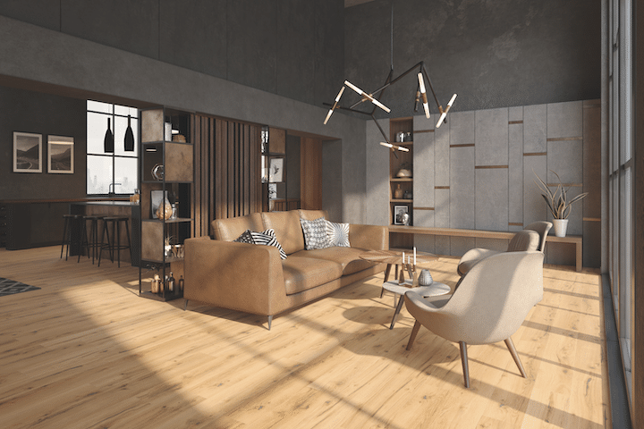 Industrialny salon z brązową sofą i drewnianą podłogą