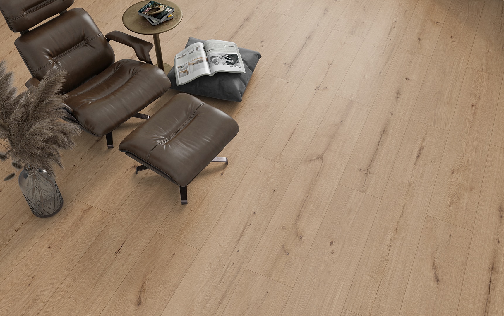 Nowoczesny salon z drewnianą podłogą i skórzanym fotelem